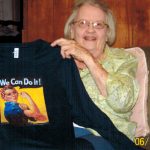 Geneva with "Rosie" tee shirt given to her by her great-grandsons.