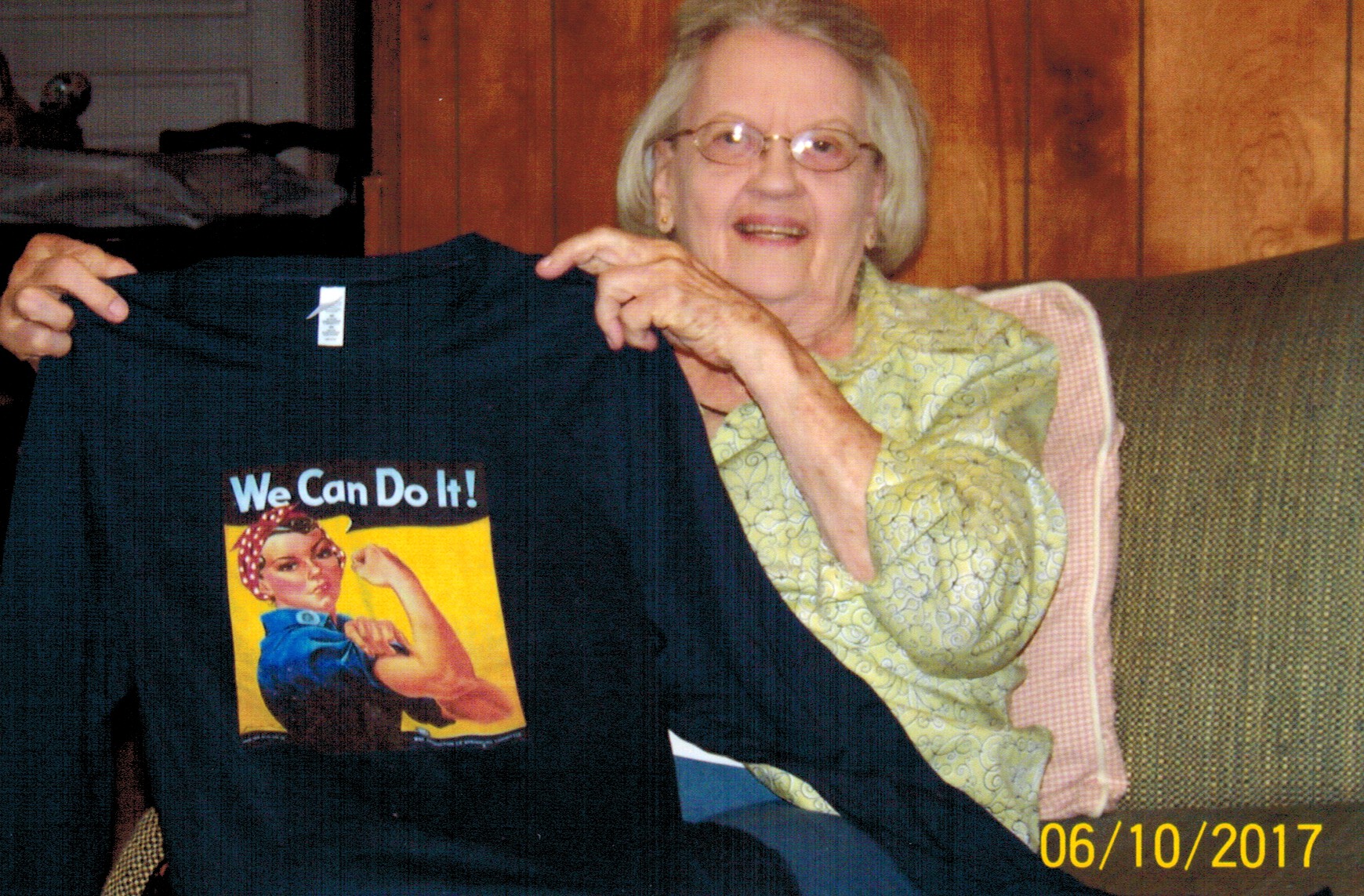 Geneva with "Rosie" tee shirt given to her by her great-grandsons.