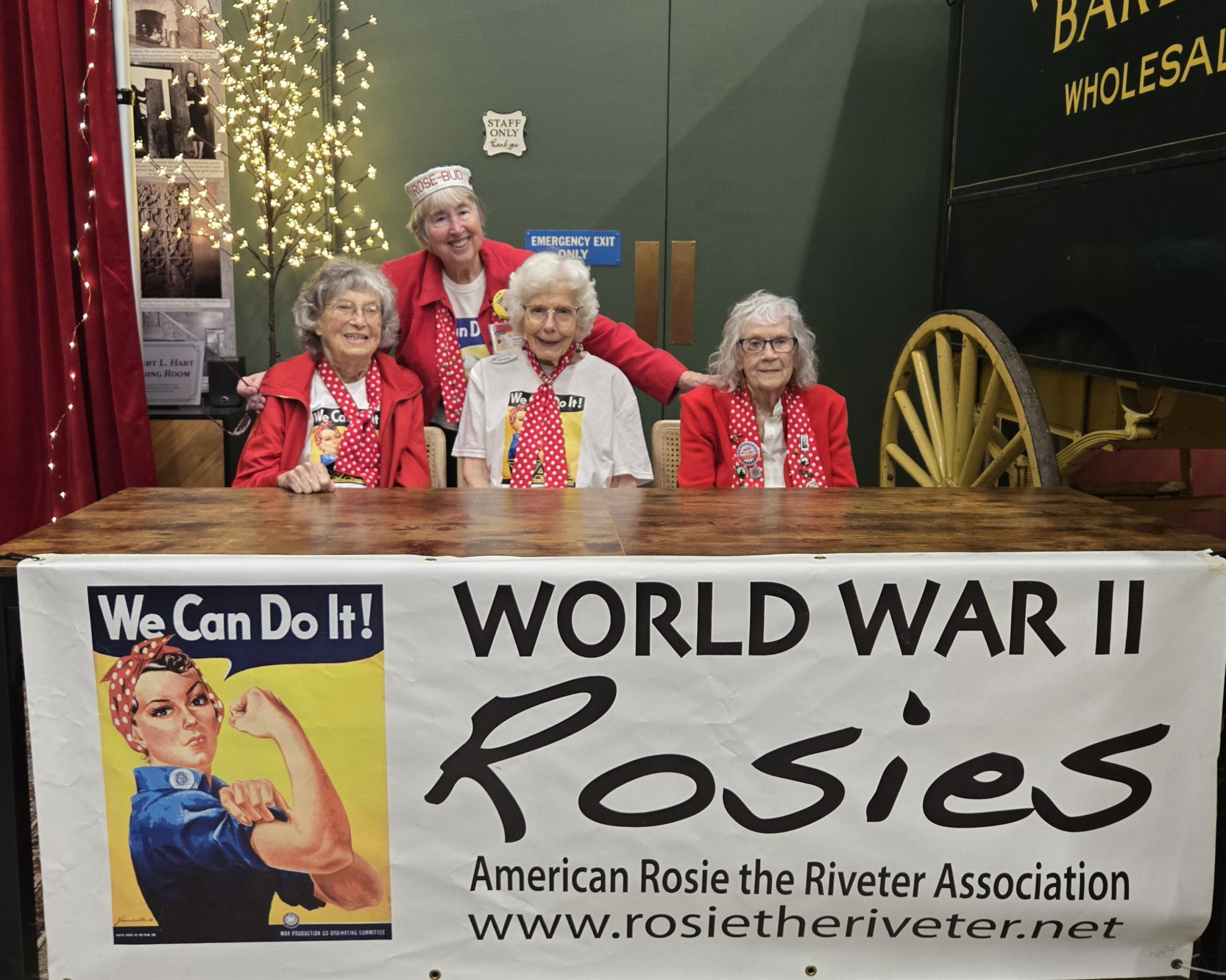 Rosies Dorothy Key (99), Doreen Kilen (99.5) and Dolly Marshall (96), with Rosebud Yvonne Fasold as emcee, shared their stories with an appreciative crowd of about 80 people at the Lane County History Museum in Eugene, Oregon. One attendee wrote, "Those Rosies are indomitable!" (Photo by Wayne Parker)
